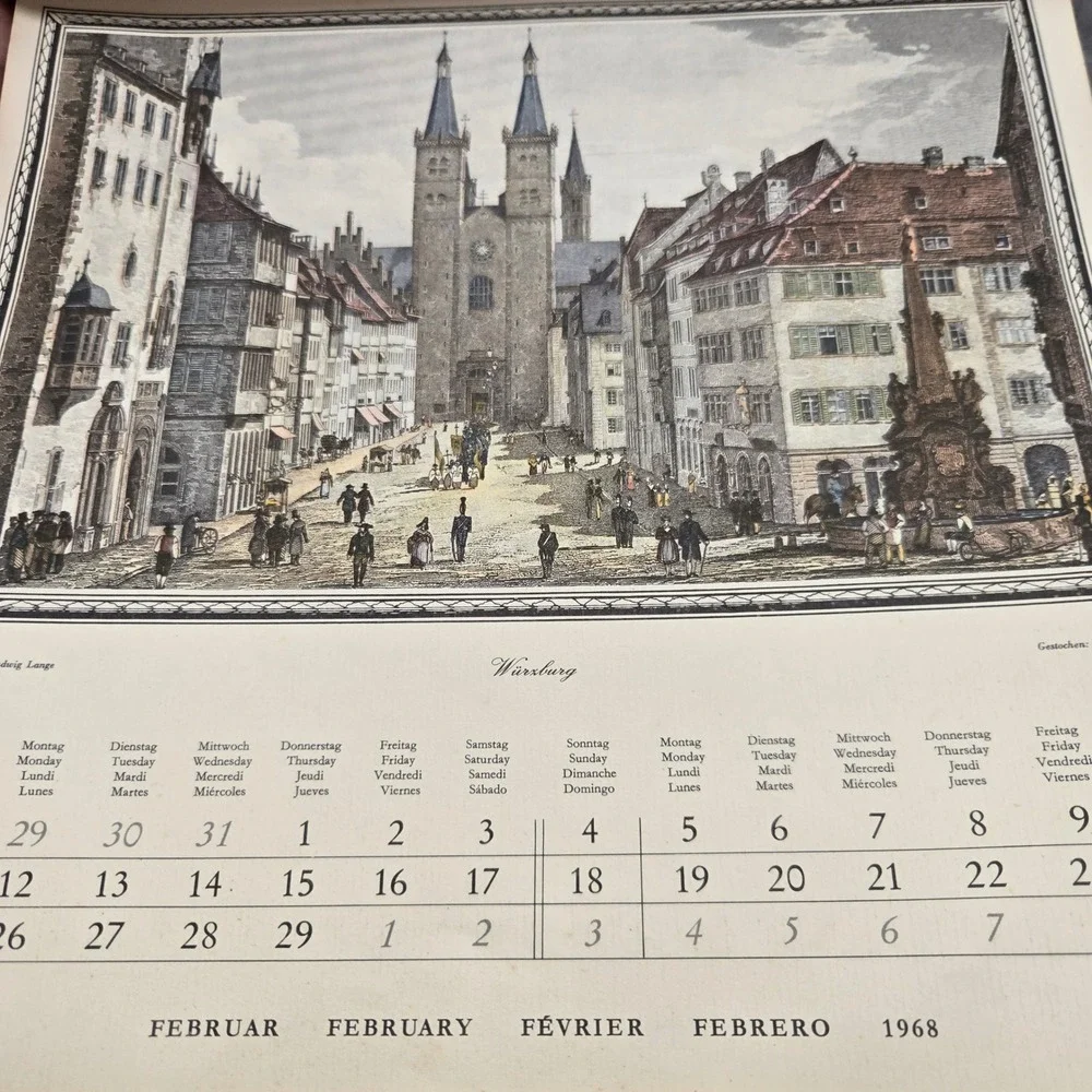 Vintage 1968 A Universe Calendar German Cities Illustrations Hamburg Würzburg